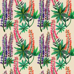 Watercolor lupins. Seamless bright colorful summer flower pattern on beige