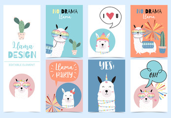 Collection of kid invitation set with llama no drama,llama party,yes and love.Vector illustration for baby shower,birthday invitation,postcard and sticker.Editable element