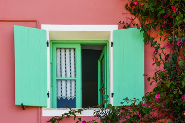 Close-up of a window with light green wood shutters on a red wall with a climbing bougainvillea plant, Bussana Vecchia, Imperia, Liguria, Italy