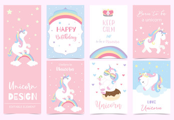 Collection of kid invitation set with unicorn,rainbow, donut,star,heart.Vector illustration for baby shower,birthday invitation,postcard and sticker.Editable element