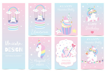 Collection of kid invitation set with unicorn,rainbow,cake,cloud,star,heart.Vector illustration for baby shower,birthday invitation,postcard and sticker.Editable element © piixypeach