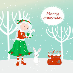 Cute hares in the woods. Merry Christmas. Postcard. Elf and sweets as a gift. - 281808246