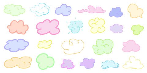 Colorful clouds on isolation background. Doodles on white. Hand drawn infographic elements. Colored illustration