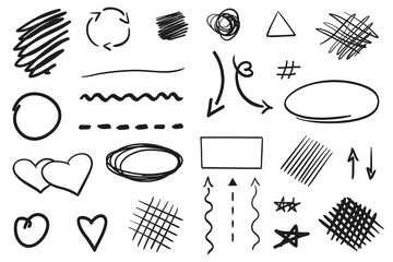 Infographic elements on isolated white background. Hand drawn simple arrows. Set of different signs. Abstract indicators. Black and white illustration © mikabesfamilnaya