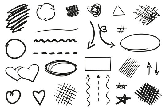 Infographic elements on isolated white background. Hand drawn simple arrows. Set of different signs. Abstract indicators. Black and white illustration
