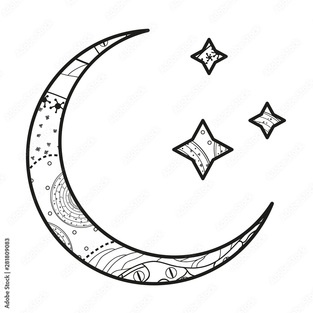 Wall mural crescent moon with stars with abstract patterns on isolation background. design for spiritual relaxa