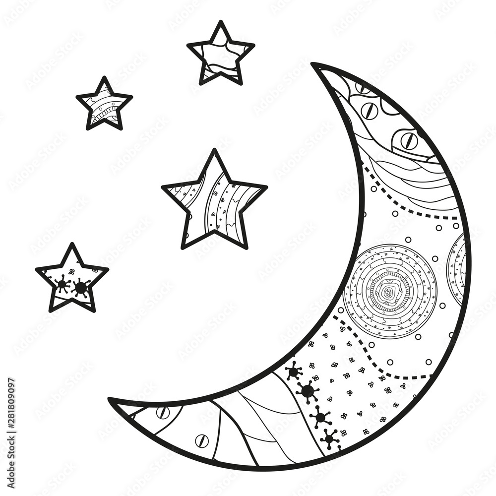 Sticker crescent moon with stars with abstract patterns on isolation background. design for spiritual relaxa