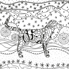 Abstract eastern pattern. Square ornate wallpaper with dog. Hand drawn waved ornaments on white. Intricate patterns on isolated background. Design for spiritual relaxation for adults. Line art