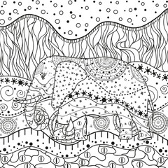 Abstract elephant on square pattern. Hand drawn animal with ornate patterns on isolation background. Design for spiritual relaxation for adults. Black and white illustration for coloring