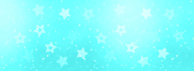 Stars on neon blue background with bokeh. Texture for new year, birthday, baby shower party. Creative pattern. Banner