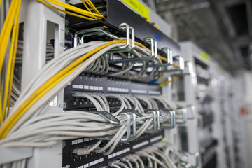 Server rack with red internet patch cord cables connected to patch panel in server room