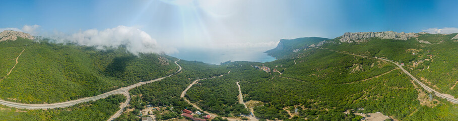 Crimea landscape: high resolution panoramic view of mountains, hills, Black Sea