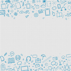 Obraz premium Abstract pattern with school supplies. Graphic paper background. Checkered texture. Back to school. Set of different signs. Hand drawn elements. Illustration for banners, flyers or posters