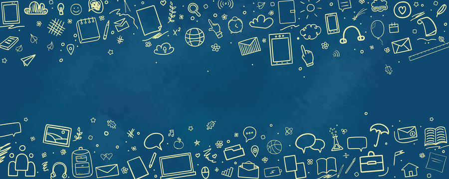 Back to school. Set of different signs. Abstract background with hand drawn school supplies. Banner design. Doodle for your business