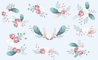 pastel flower set with flower,rose,leaves,wreath.Vector illustration for sticker,postcad,birthday invitation.Editable object