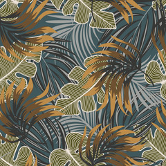 Original abstract seamless pattern with colorful tropical leaves and plants on blue background. Vector design. Jungle print. Floral background. Printing and textiles. Exotic tropics. Summer.