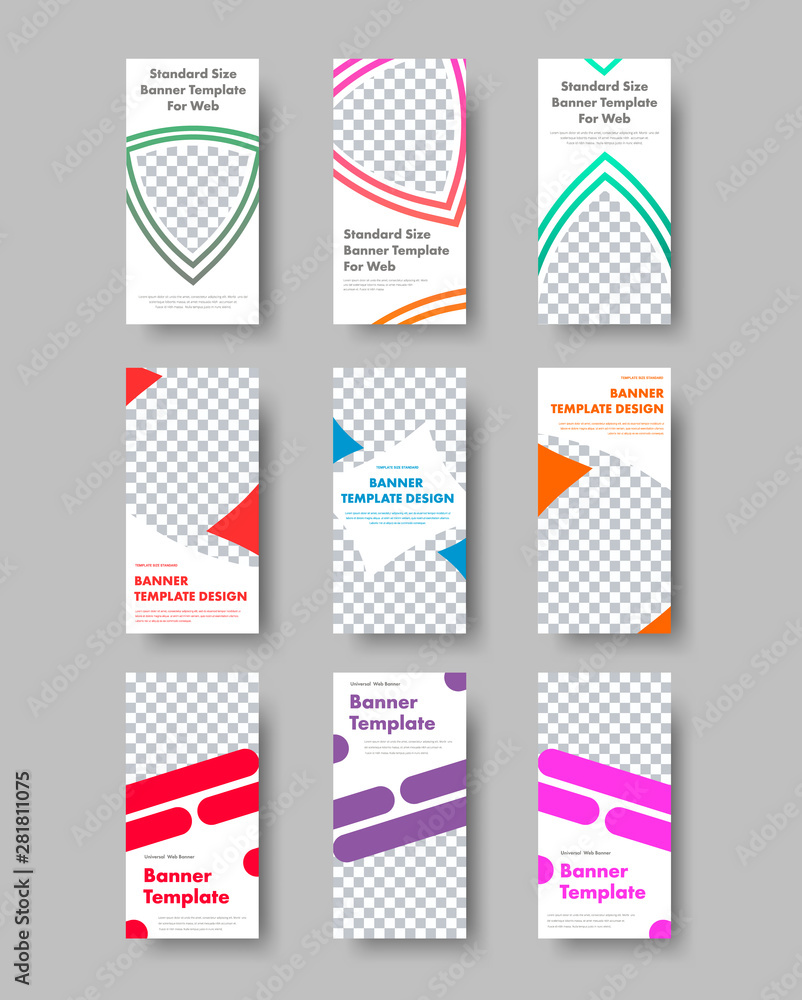 Poster Templates for vertical white web banners with place for photo and color different design elements.