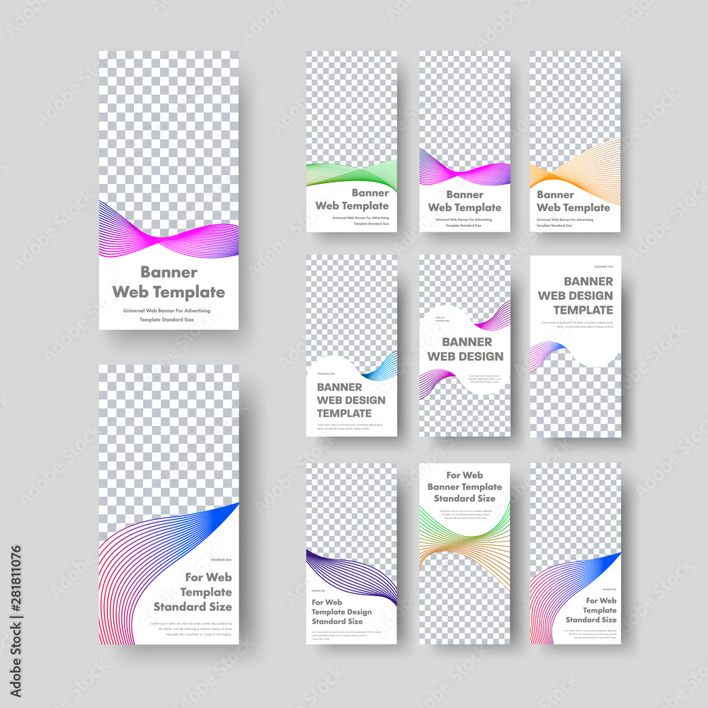 Poster Set of vertical vector white web banner templates with wavy abstract intersecting lines with gradient.