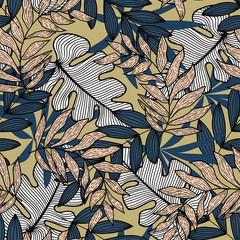 Trending abstract seamless pattern with colorful tropical leaves and plants on yellow background. Vector design. Jungle print. Floral background. Printing and textiles. Exotic tropics. Summer.