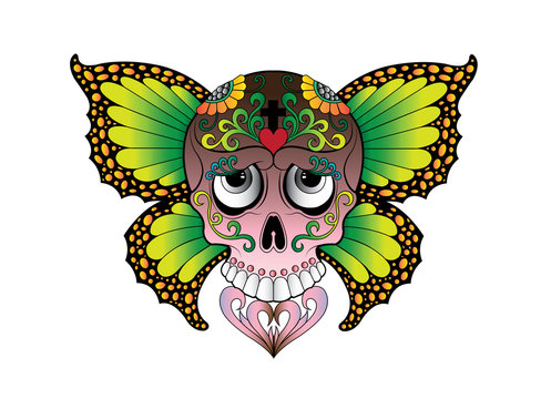 Art Fantasy Wings Butterfly Skull color Tattoo. Hand drawing and make graphic vector.