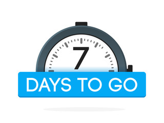 Fototapeta na wymiar Seven day to go label, alarm clock flat with blue ribbon, promotion icon, best deal symbol vector illustretion