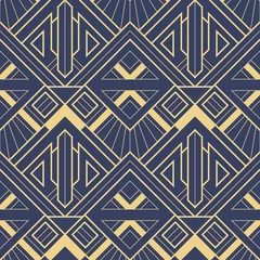 Printed kitchen splashbacks Blue gold Abstract art deco geometric tiles pattern on blue background