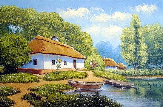 Landscape,oil painting on canvas - Ukraine house in the forest, boat and river