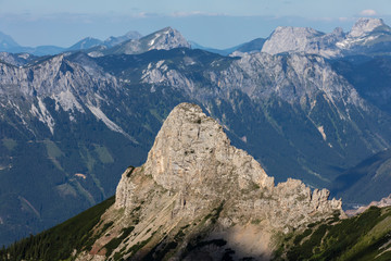 view from mountain Wildfeld in the  Ennstaler Alps with surrounding summits Stadelstein and Schwarzenstein in Styria, Austria