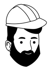 Obraz na płótnie Canvas Construction worker with helmet and beard face cartoon in black and white