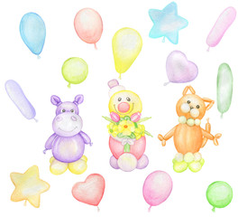 a donkey, a cat, a Hippo, balloons. cet,  is cute. Watercolor drawing. a balloon toy. Holiday card.