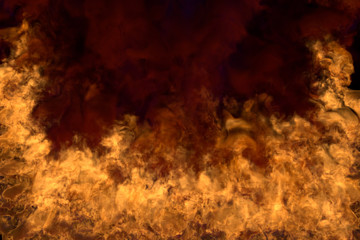 blazing mysterious wild fire on black background, half frame with dense smoke - fire from the left and right corners and bottom - fire 3D illustration
