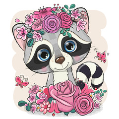 Raccoon with flowers on a white background