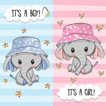 Greeting card with Cute Elephant boy and girl