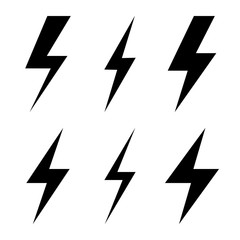 Set of icons representing lightning bolt, lightning strike or thunderstorm. Suitable for voltage, electricity and power signs.