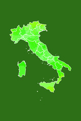 Italy watercolor map vector illustration in green color with border lines of different regions on dark background using paint brush on page
