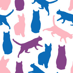 Vector silhouette cats seamless pattern. Colorful hand drawn cat illustration. Seamless print illustration for veterinary brand design and children products.