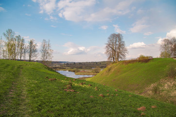 Beautiful evening. Spring landscape. Pushkin places. Nature and travel. Russia, Pskov Oblast