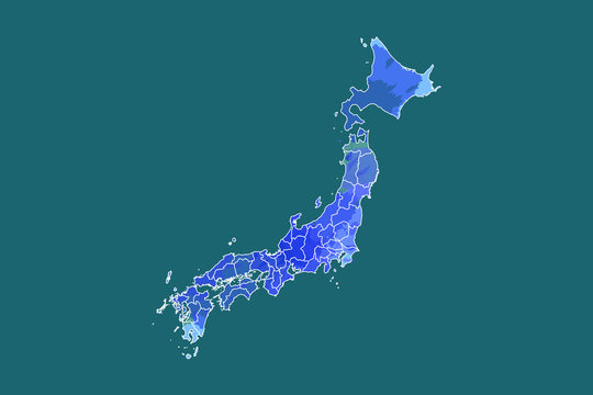 Japan watercolor map vector illustration in blue color with border lines of different divisions or prefectures on dark background using paint brush on page