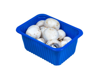 Champignons in plastic packaging isolated on white.