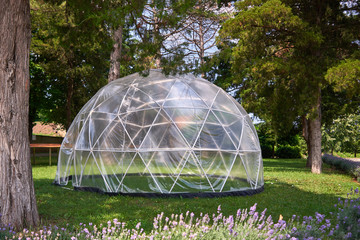 There is a large transparent tent on a green lawn.