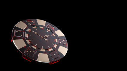 Gambling Time - Casino Chip With Clock Arrows, Isolated On The Black Background - 3D Illustration 