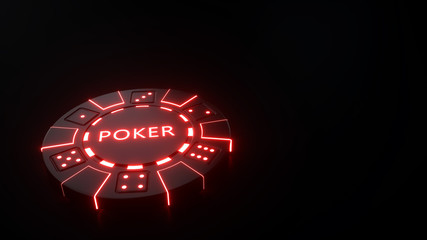 Poker Casino Chip With Futuristic Red Neon Lights Isolated On The Black Background - 3D Illustration
