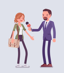 Male tv reporter interviewing questions. Man holding an interview with woman, professional journalist in conversation for radio or newspaper, asking for opinion. Vector flat style cartoon illustration