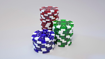 Blue, Red And Green Glass Casino Chips Isolated On The Gray Background - 3D Illustration 