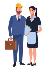 Professionals workers couple smiling cartoons