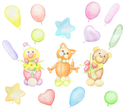 clown, bear, cat, balloons. cet,  is cute. Watercolor drawing. a balloon toy. Holiday card.