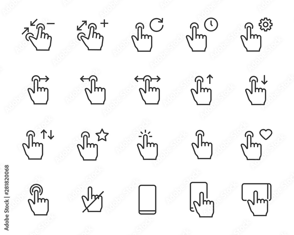 Wall mural set of gesture icons, touch, phone, finger, touchscreen