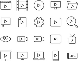 set of video icons, play, livestream, watch