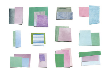 Set of paper cut clippings. Torn pieces of magazines . Mixed texture with space for text. Elements for your own design. Isolated on white. Pastel tones.