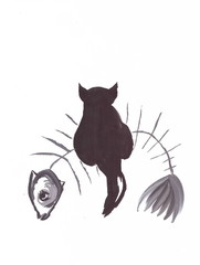 Gouache drawing: Abstraction. Collage. Black cat and fish skeleton.